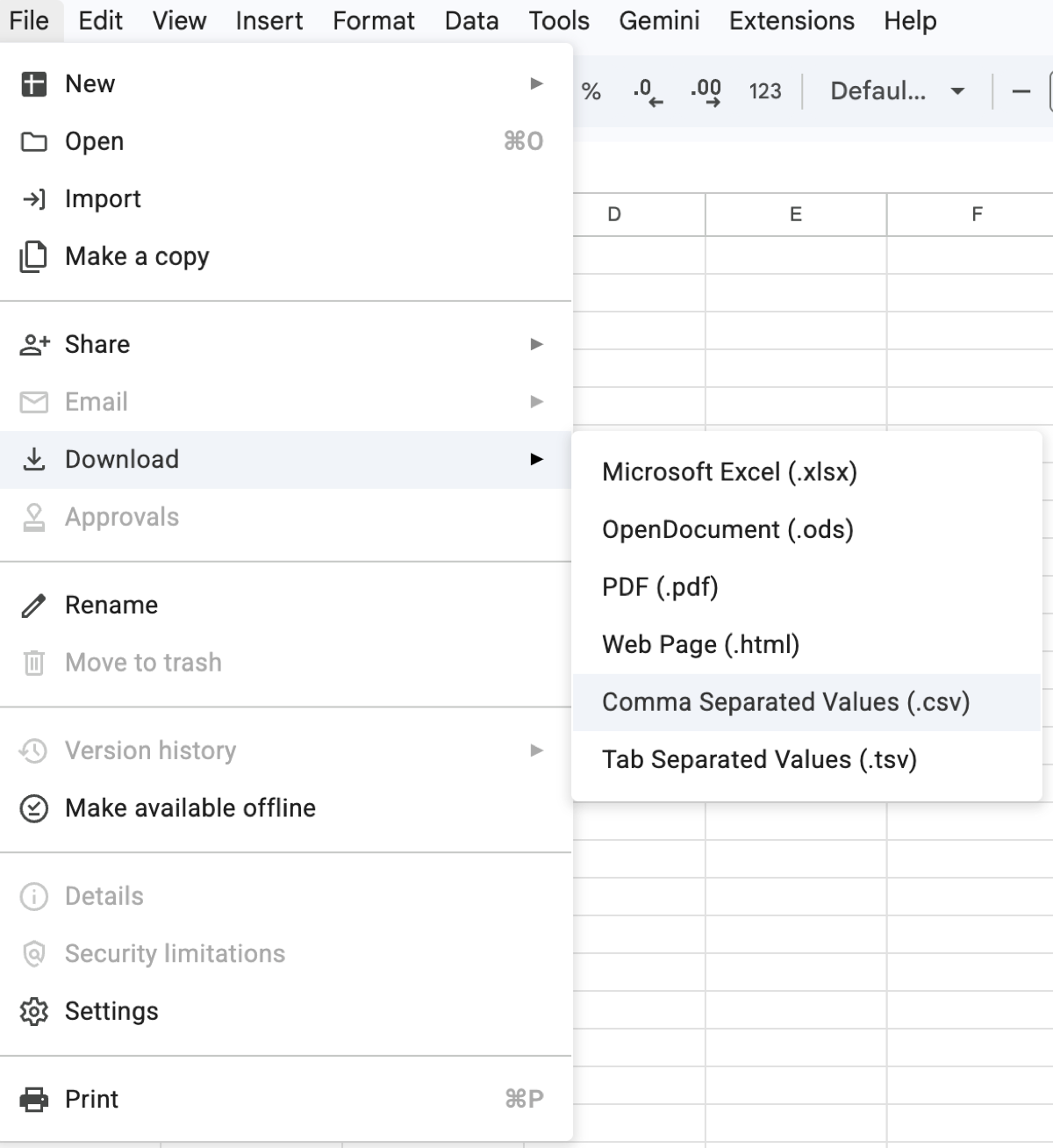 Google Sheets File menu with Download submenu expanded, Comma Separated Values (.csv) option highlighted