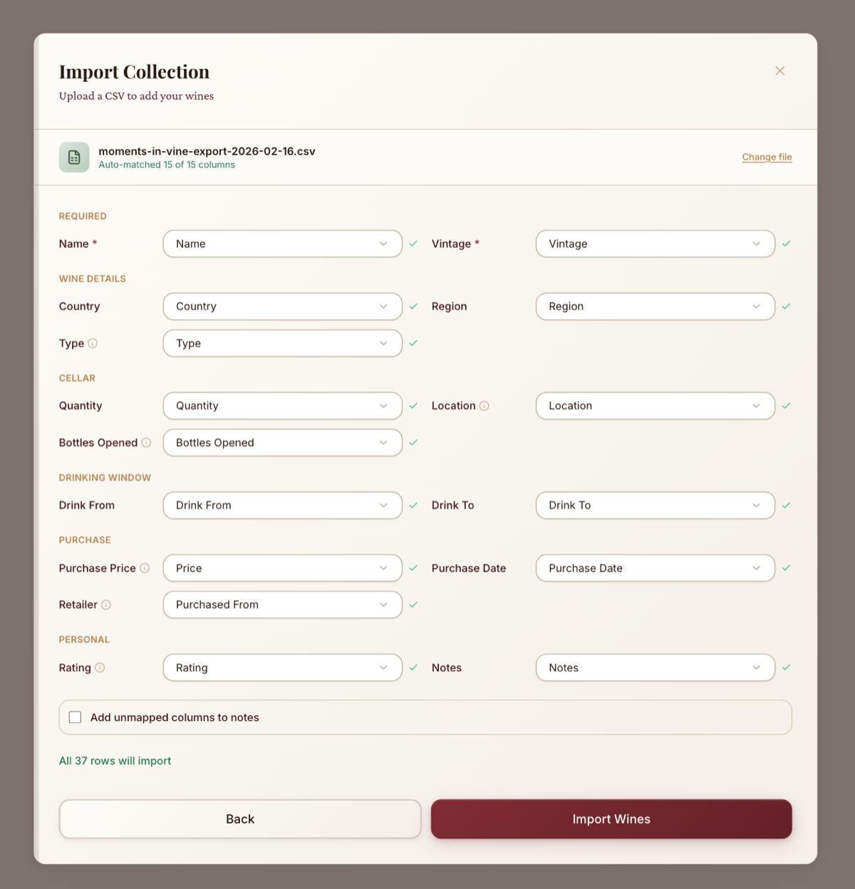 Moments in Vine Import Collection form with auto-matched columns for Name, Vintage, Country, Region, Type, Quantity, Location, Bottles Opened, Drink From, Drink To, Purchase Price, Purchase Date, Retailer, Rating, and Notes